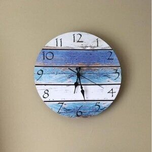 New Rustic Beach Wall Clock 12" Round, Silent Non Ticking Quartz Battery Operate